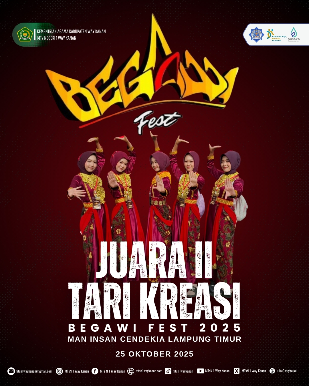 Foto Prestasi: Juara II Tari Kreasi Begawi Fest 2025